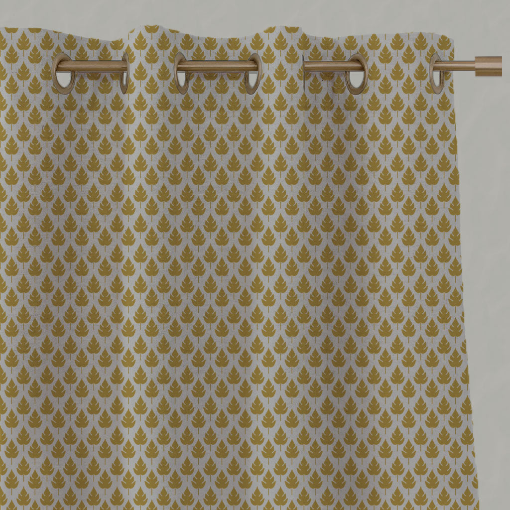 Yellow Botanical Linen Eyelet Curtains - Kira-Nat Mustard - Natural base fabric.