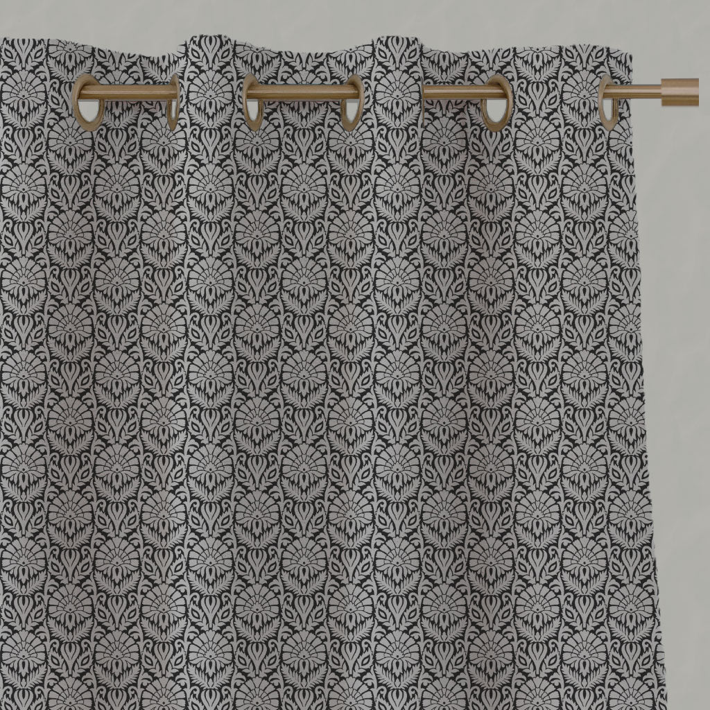 Black Patterned Linen Eyelet Curtains - Krista Noir - Natural base fabric.