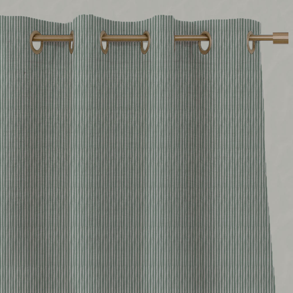 Green Striped Linen Eyelet Curtains - Laila Jade Mist - Natural base fabric.