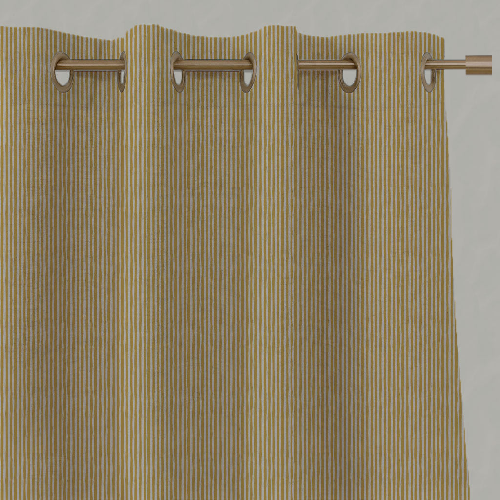 Yellow Striped Linen Eyelet Curtains - Laila Mustard - Natural base fabric.