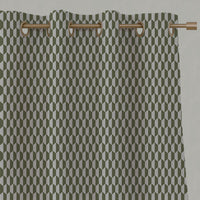 Green Patterned Linen Eyelet Curtains - Lana Khaki - Natural base fabric.