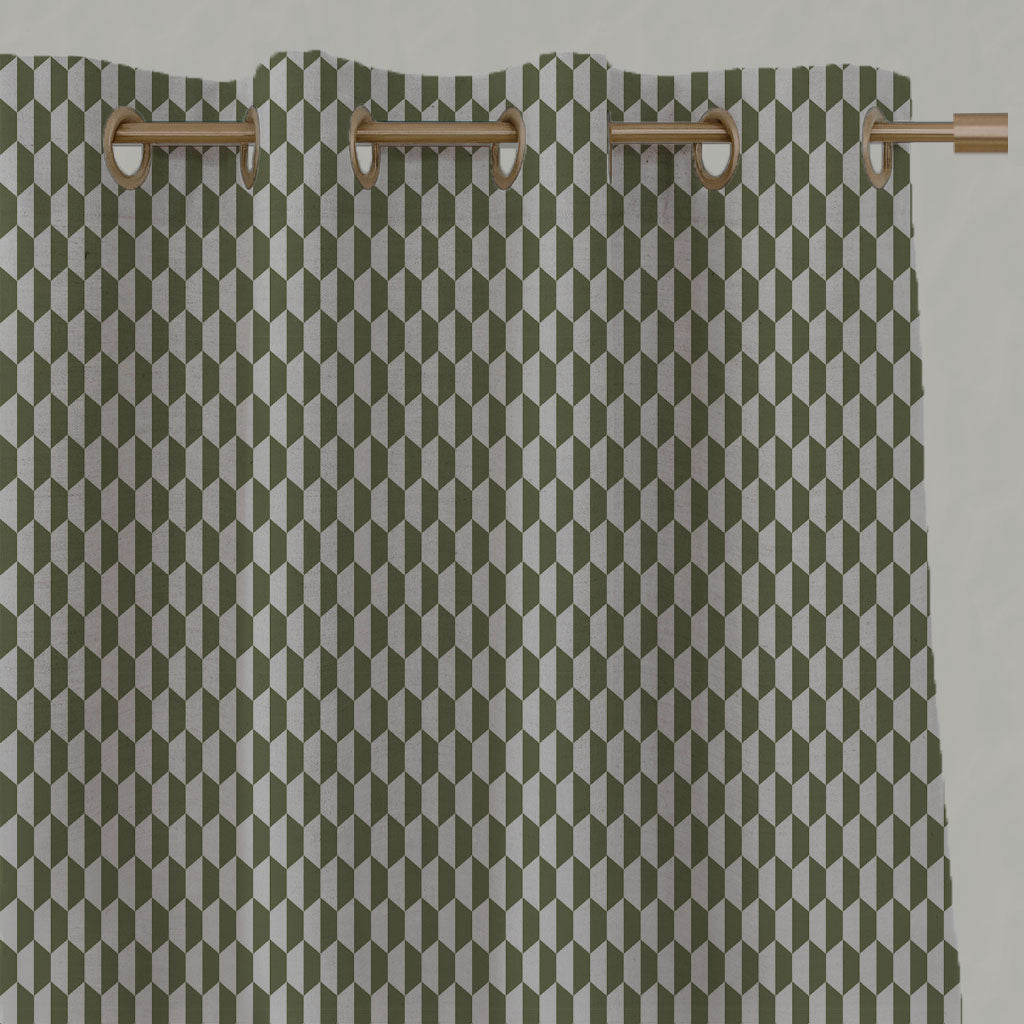 Green Patterned Linen Eyelet Curtains - Lana Khaki - Natural base fabric.
