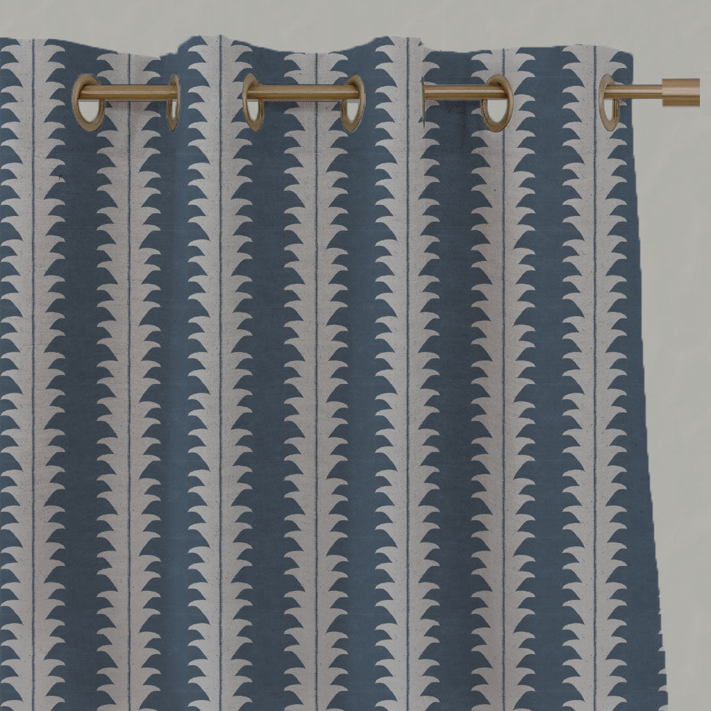 Blue Patterned Linen Eyelet Curtains - Leona Denim - Natural base fabric.