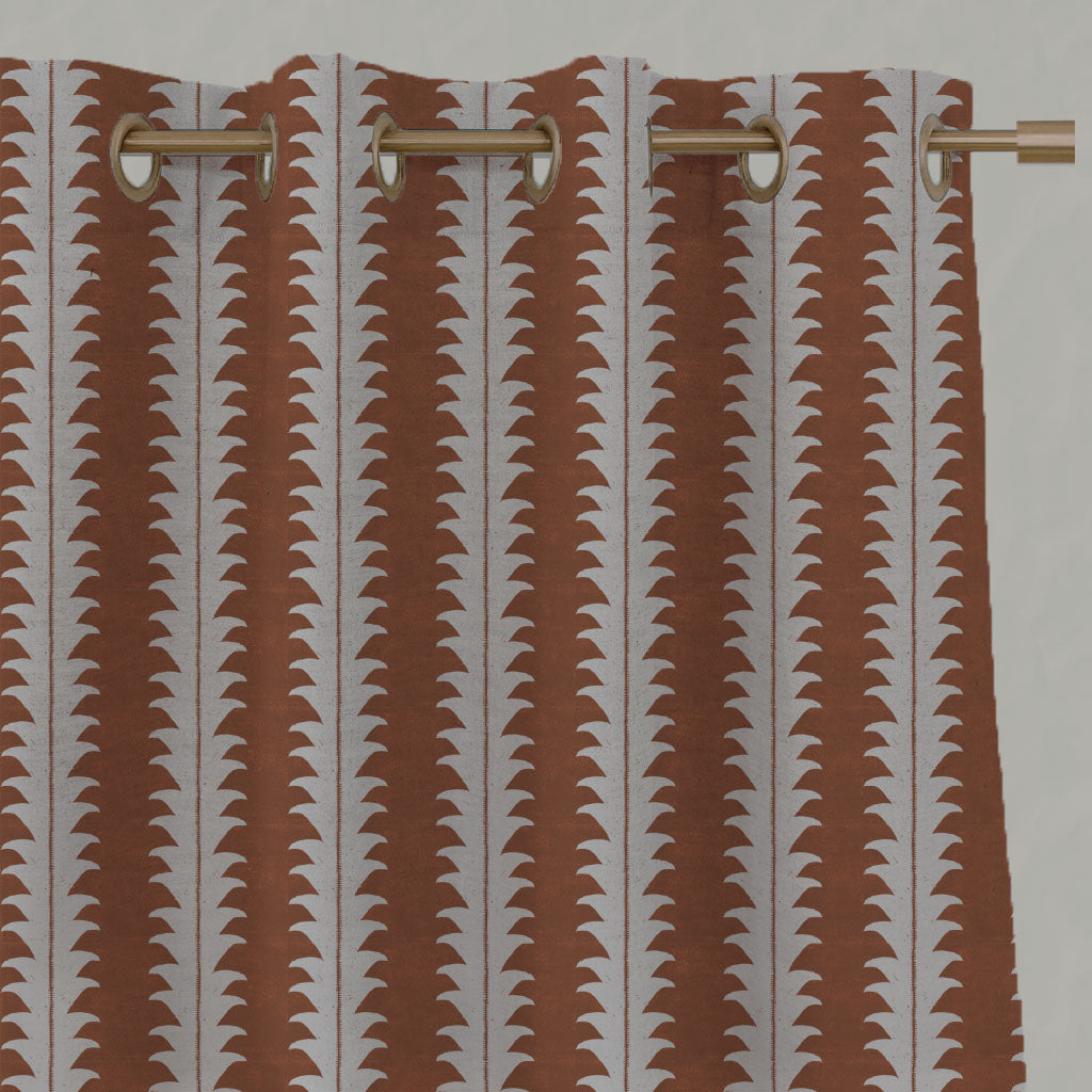 Orange Patterned Linen Eyelet Curtains - Leona Terracotta - Natural base fabric.