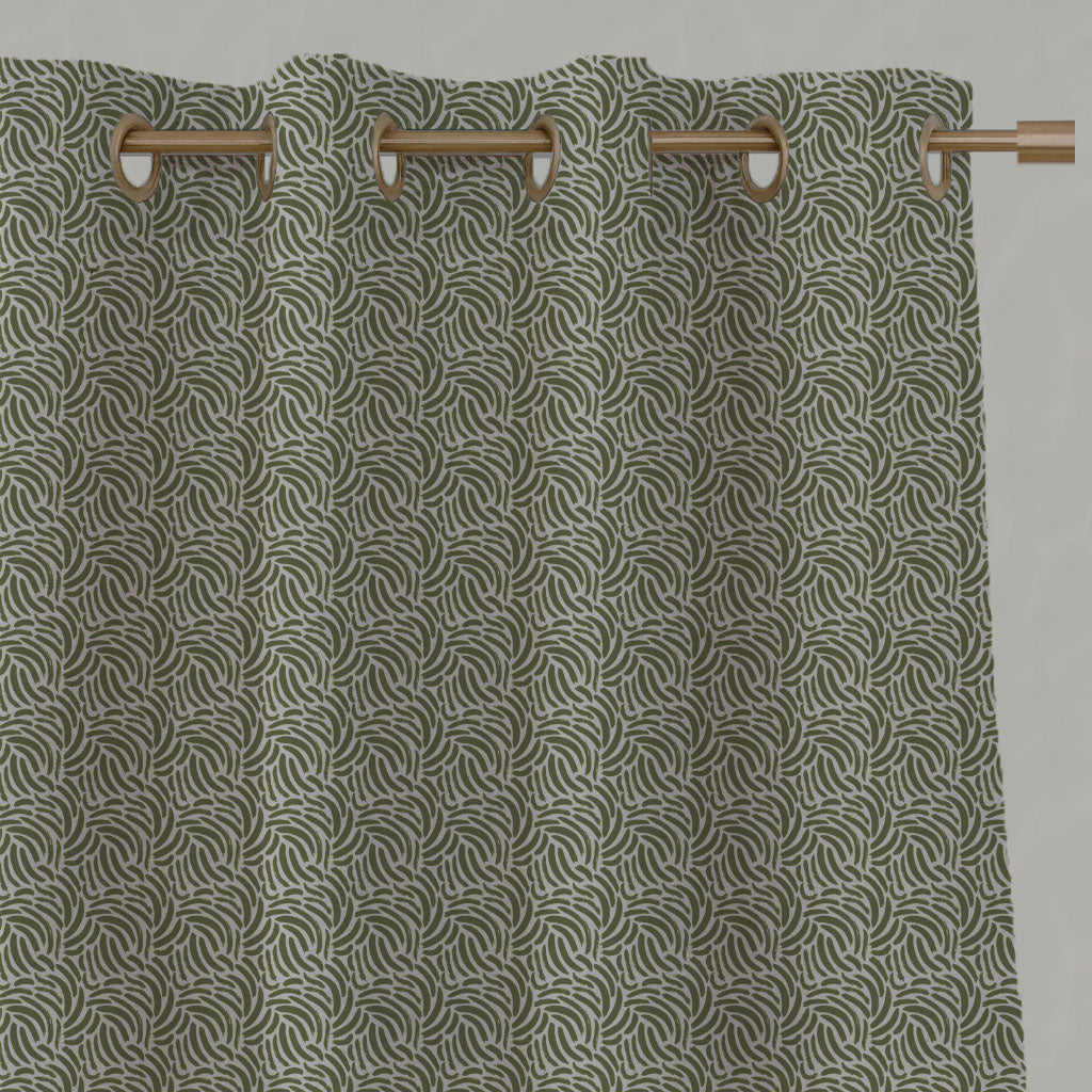 Green Patterned Linen Eyelet Curtains - Malena Khaki - Natural base fabric.