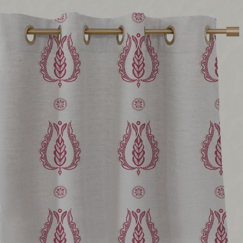 Red Patterned Linen Eyelet Curtains - Maya Cherry - Natural base fabric.