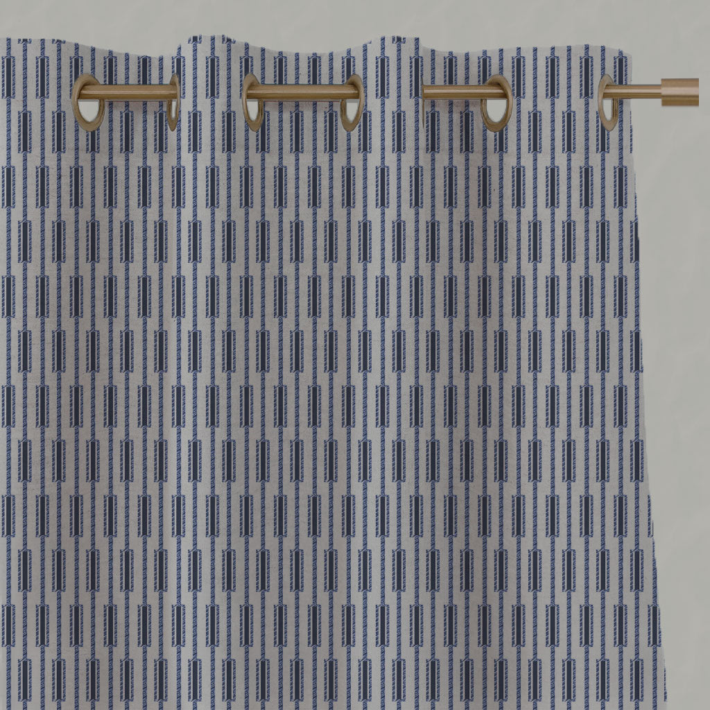 Blue Patterned Linen Eyelet Curtains - Millie Deep Blue - Natural base fabric.