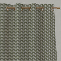 Green Patterned Linen Eyelet Curtains - Mimosa Khaki - Natural base fabric.