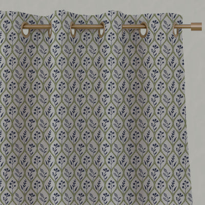 Green / Blue Floral Linen Eyelet Curtains - Miny Blue Green-INV - Natural base fabric.
