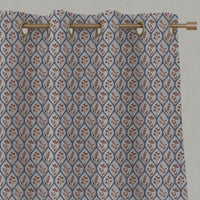 Blue / Orange Floral Linen Eyelet Curtains - Miny Blue Terracotta-INV - Natural base fabric.