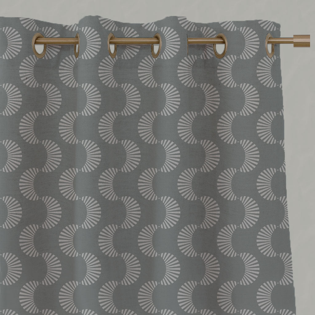 Grey Patterned Linen Eyelet Curtains - Naja Greige - Natural base fabric.