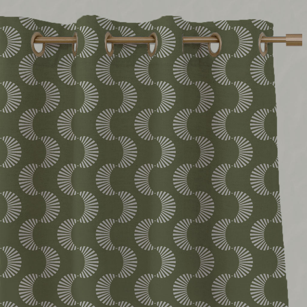 Green Patterned Linen Eyelet Curtains - Naja Khaki - Natural base fabric.