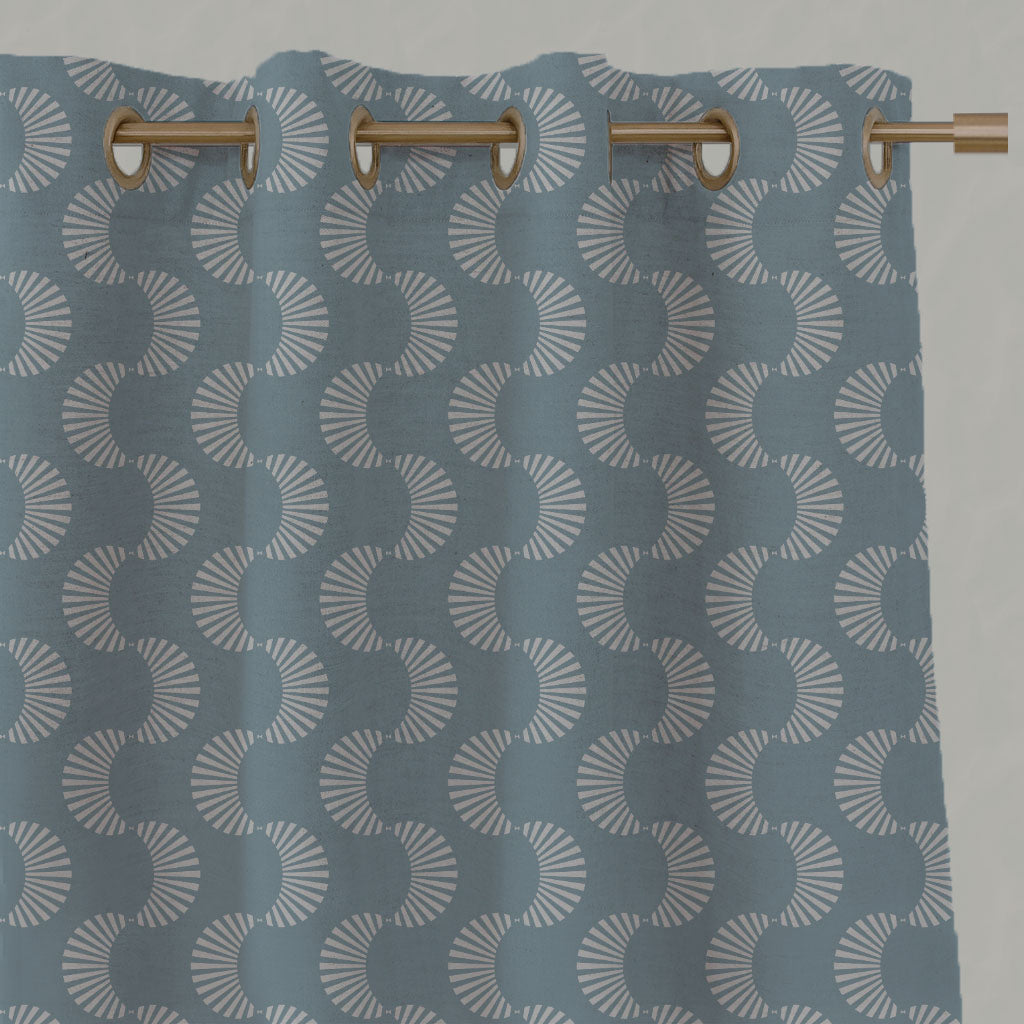 Blue Patterned Linen Eyelet Curtains - Naja Sky - Natural base fabric.