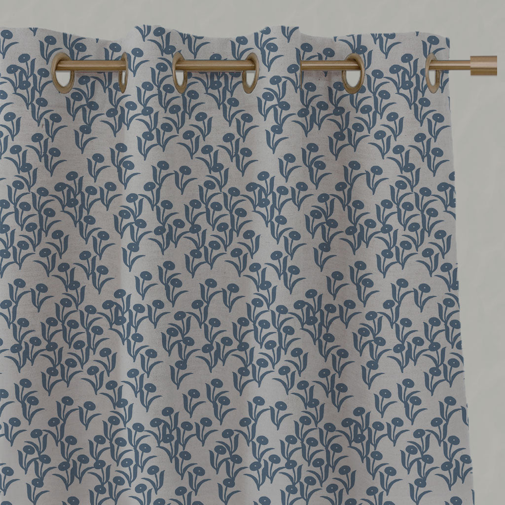 Blue Botanical Linen Eyelet Curtains - Nalini Denim - Natural base fabric.