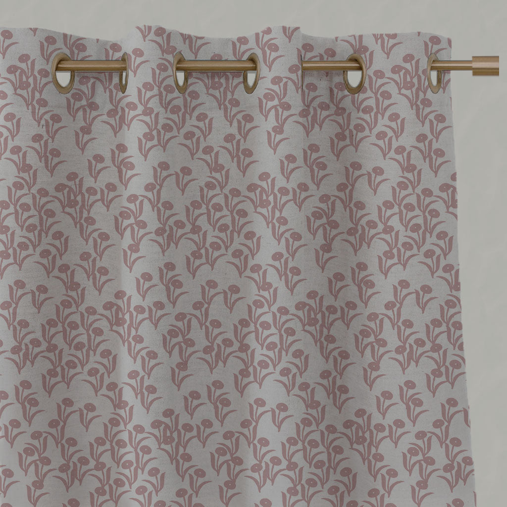 Pink Botanical Linen Eyelet Curtains - Nalini Dusty Pink - Natural base fabric.