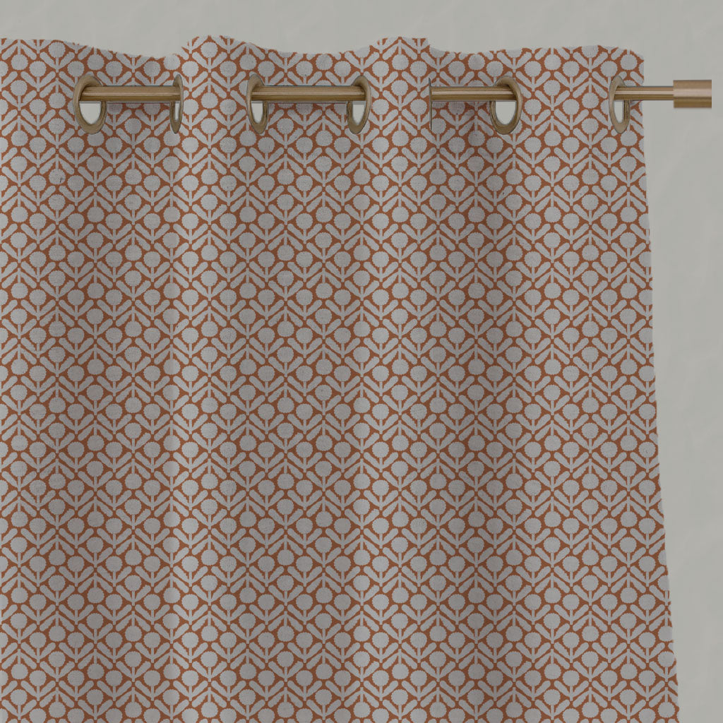 Orange Floral Linen Eyelet Curtains - Nessa Burnt Orange - Natural base fabric.