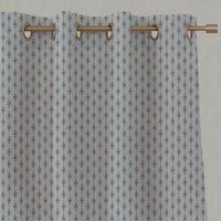 Blue Patterned Linen Eyelet Curtains - Nikolet Blue Stone - Natural base fabric.