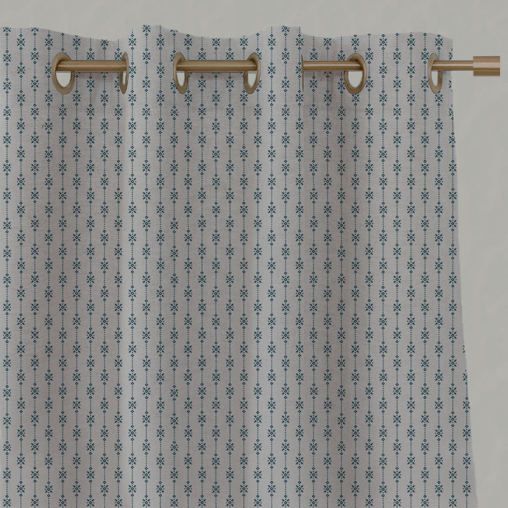 Blue Patterned Linen Eyelet Curtains - Nikolet Blue Stone - Natural base fabric.