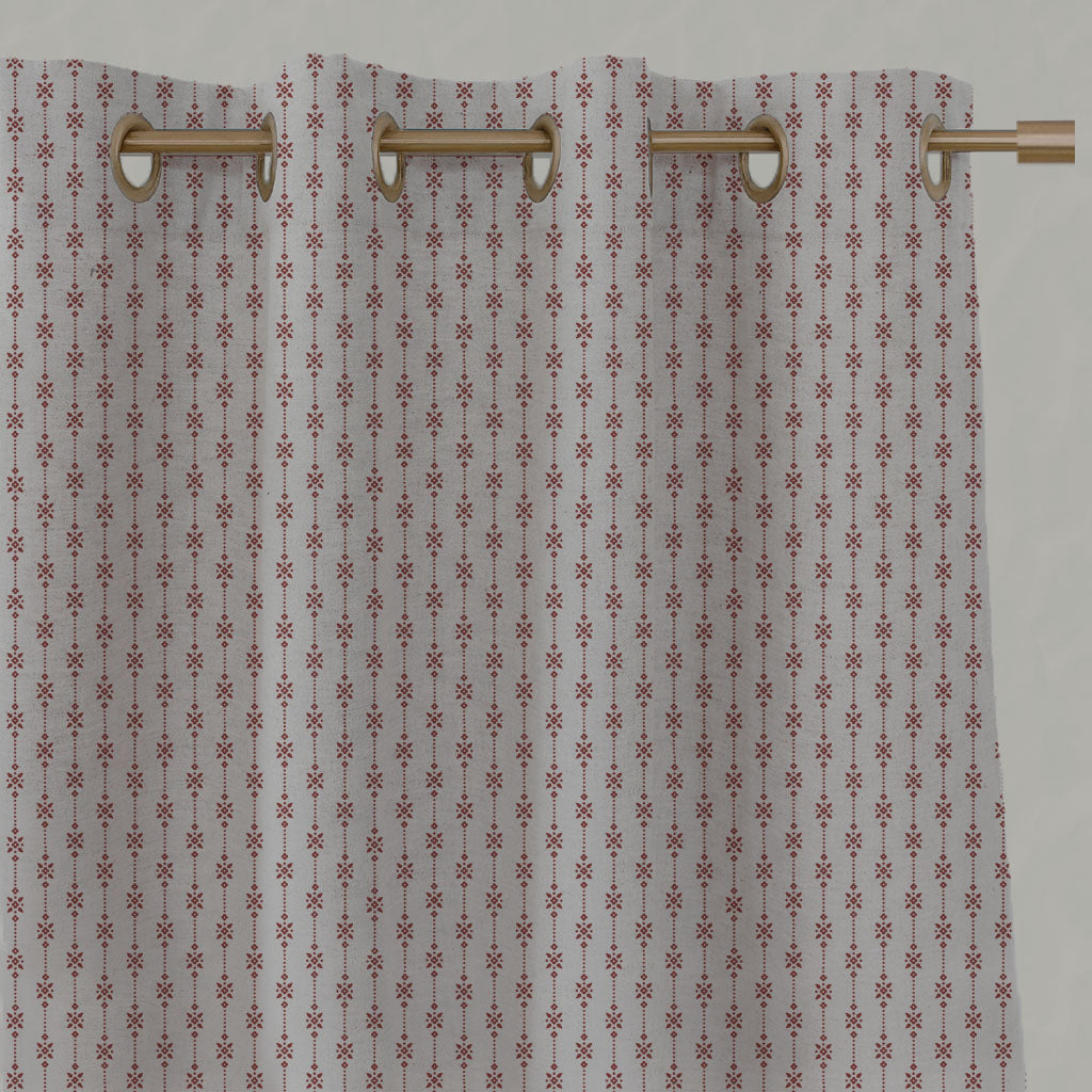 Red Patterned Linen Eyelet Curtains - Nikolet Crimson Red - Natural base fabric.