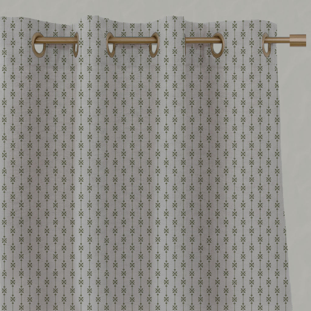 Green Patterned Linen Eyelet Curtains - Nikolet Khaki - Natural base fabric.