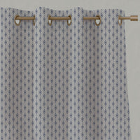 Blue Patterned Linen Eyelet Curtains - Nikolet Night Blue - Natural base fabric.