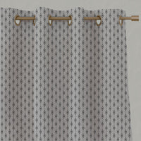 Black Patterned Linen Eyelet Curtains - Nikolet Noir - Natural base fabric.
