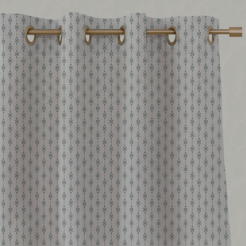 Green Patterned Linen Eyelet Curtains - Nikolet Sage - Natural base fabric.