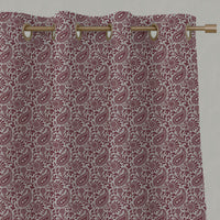 Red Patterned Linen Eyelet Curtains - Nora Wine - Natural base fabric.