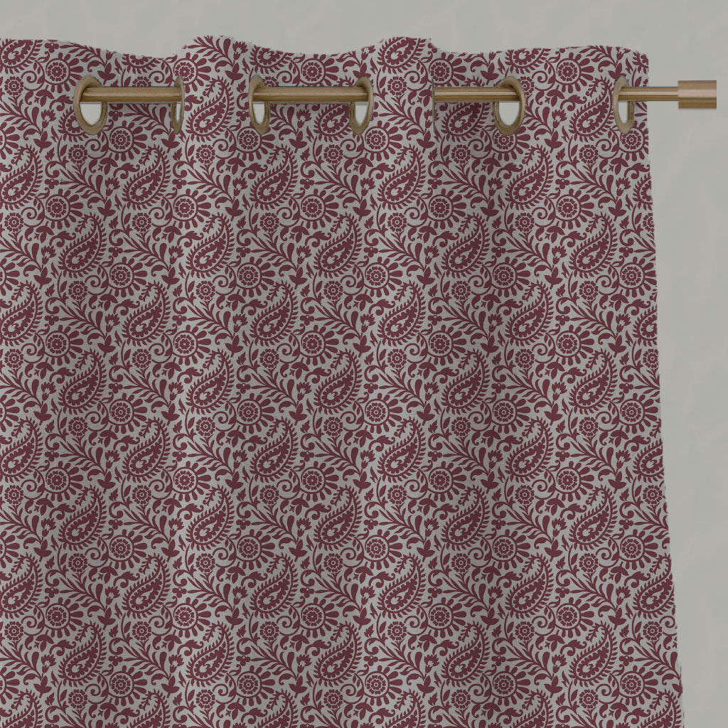 Red Patterned Linen Eyelet Curtains - Nora Wine - Natural base fabric.