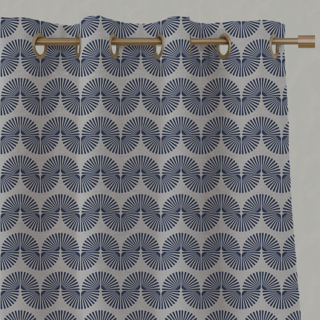 Blue Patterned Linen Eyelet Curtains - Ofira Deep Blue - Natural base fabric.