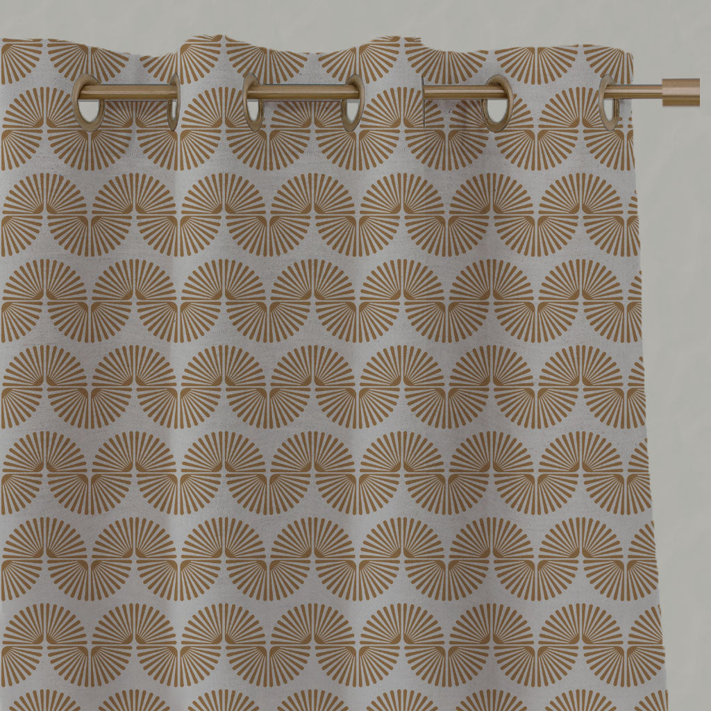 Orange / Yellow Patterned Linen Eyelet Curtains - Ofira Gold Ochre - Natural base fabric.