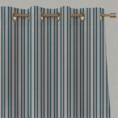 Blue Striped Linen Eyelet Curtains - Olga Blue Stone - Natural base fabric.