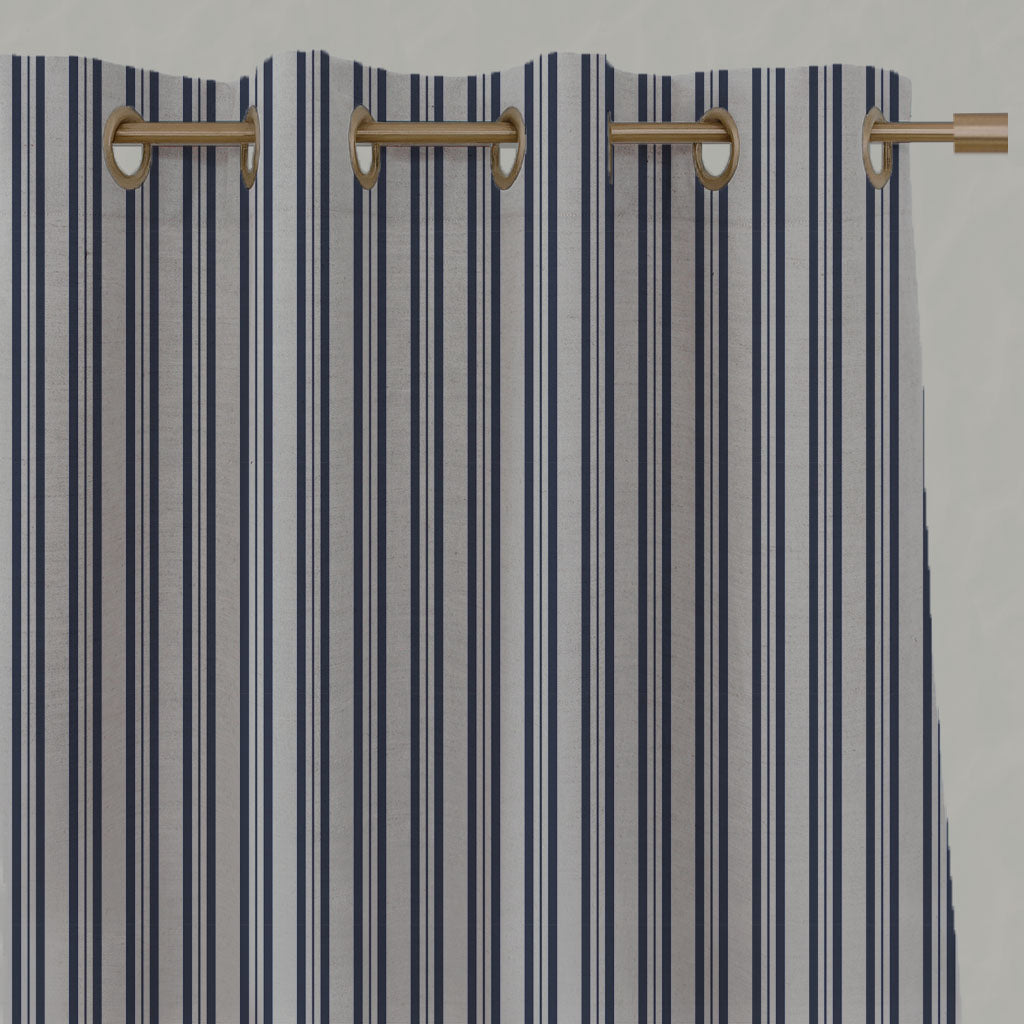 Blue Striped Linen Eyelet Curtains - Olga Deep Blue - Natural base fabric.
