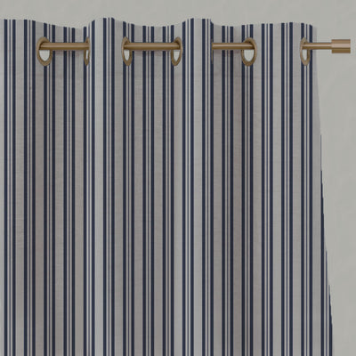Blue Striped Linen Eyelet Curtains - Olga Deep Blue - Natural base fabric.
