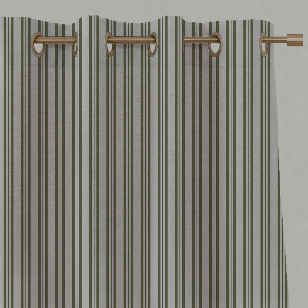 Green Striped Linen Eyelet Curtains - Olga Khaki - Natural base fabric.