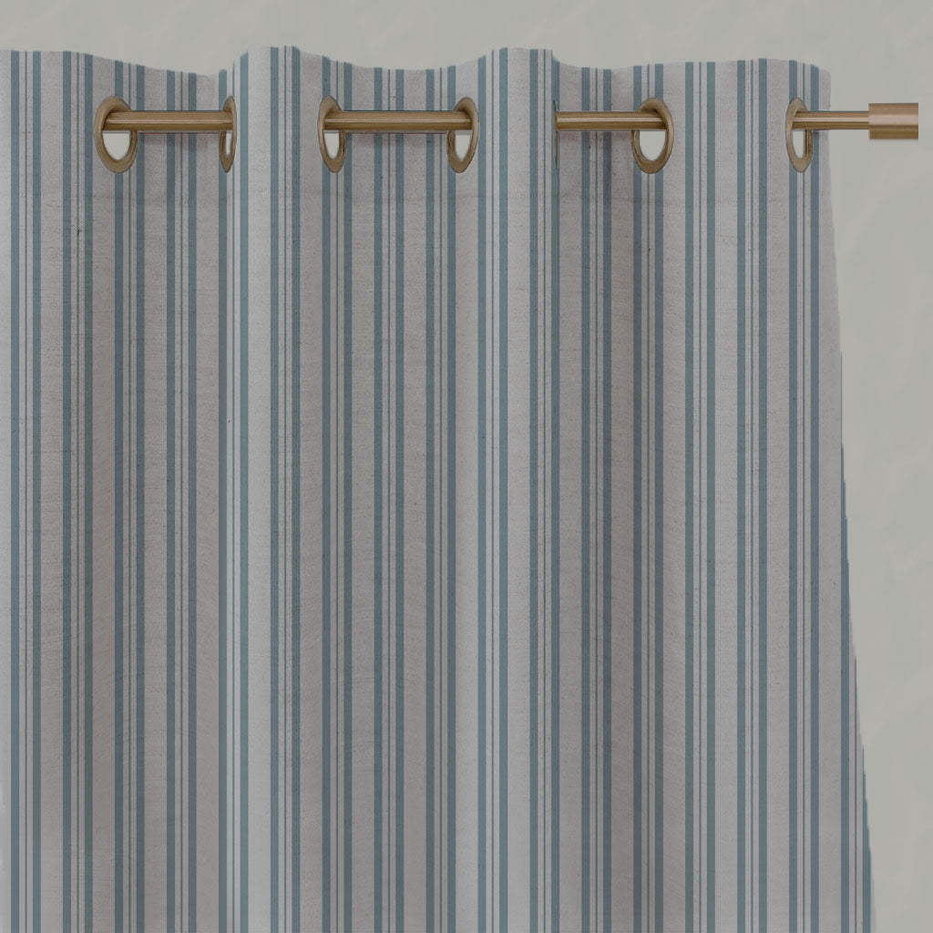 Blue Striped Linen Eyelet Curtains - Olga Sky - Natural base fabric.