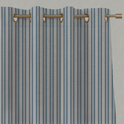 Blue Striped Linen Eyelet Curtains - Olga True Blue - Natural base fabric.