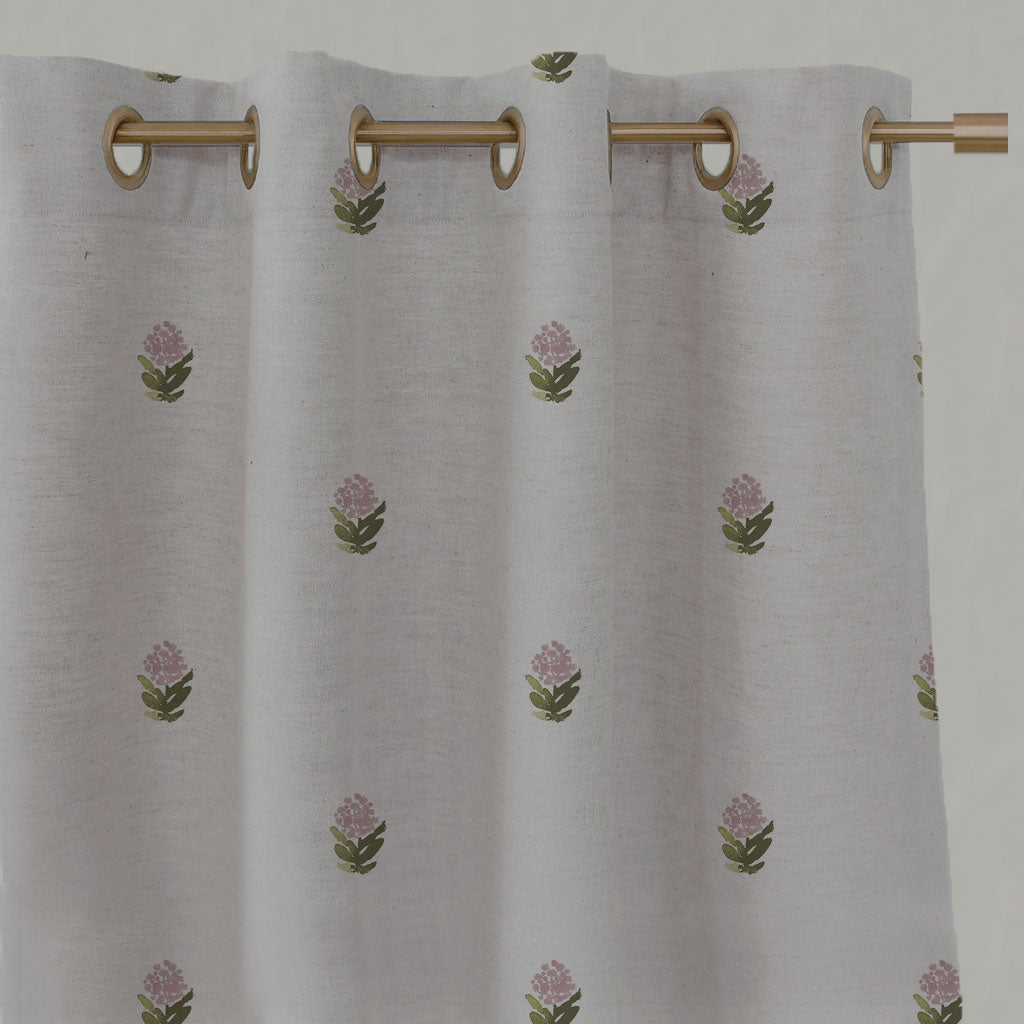 Pink Floral Linen Eyelet Curtains - Paulina Pink - Natural base fabric.