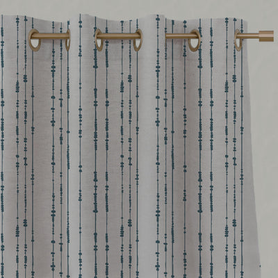 Blue Patterned Linen Eyelet Curtains - Pearls Blue Stone - Natural base fabric.