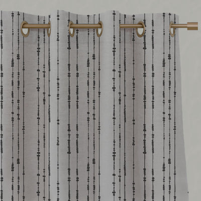 Grey Patterned Linen Eyelet Curtains - Pearls Charcoal - Natural base fabric.
