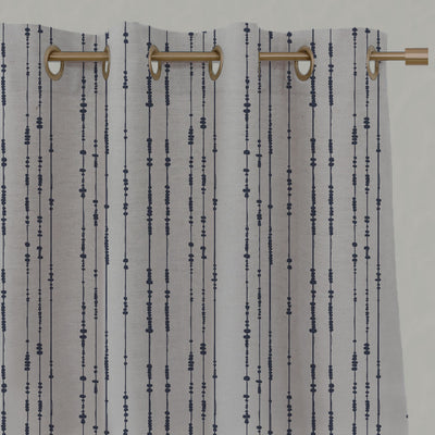 Blue Patterned Linen Eyelet Curtains - Pearls Deep Blue - Natural base fabric.
