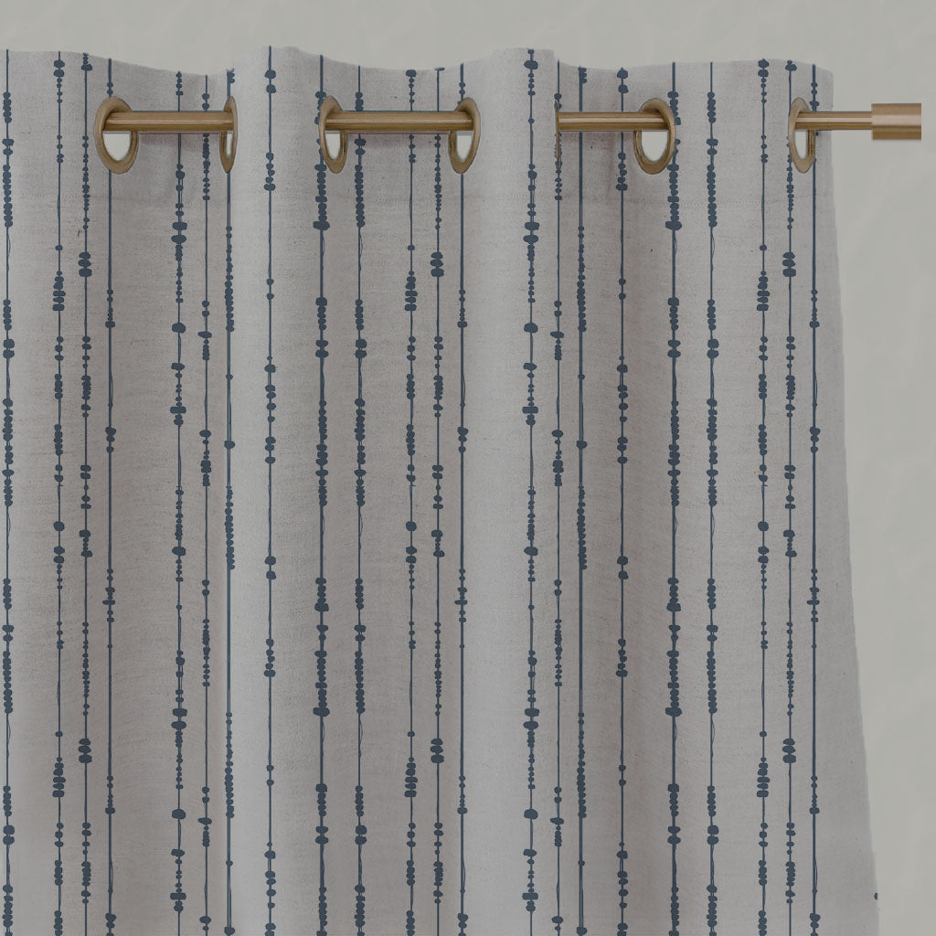 Blue Patterned Linen Eyelet Curtains - Pearls Denim - Natural base fabric.