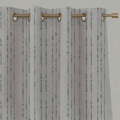 Green Patterned Linen Eyelet Curtains - Pearls Jade Mist - Natural base fabric.