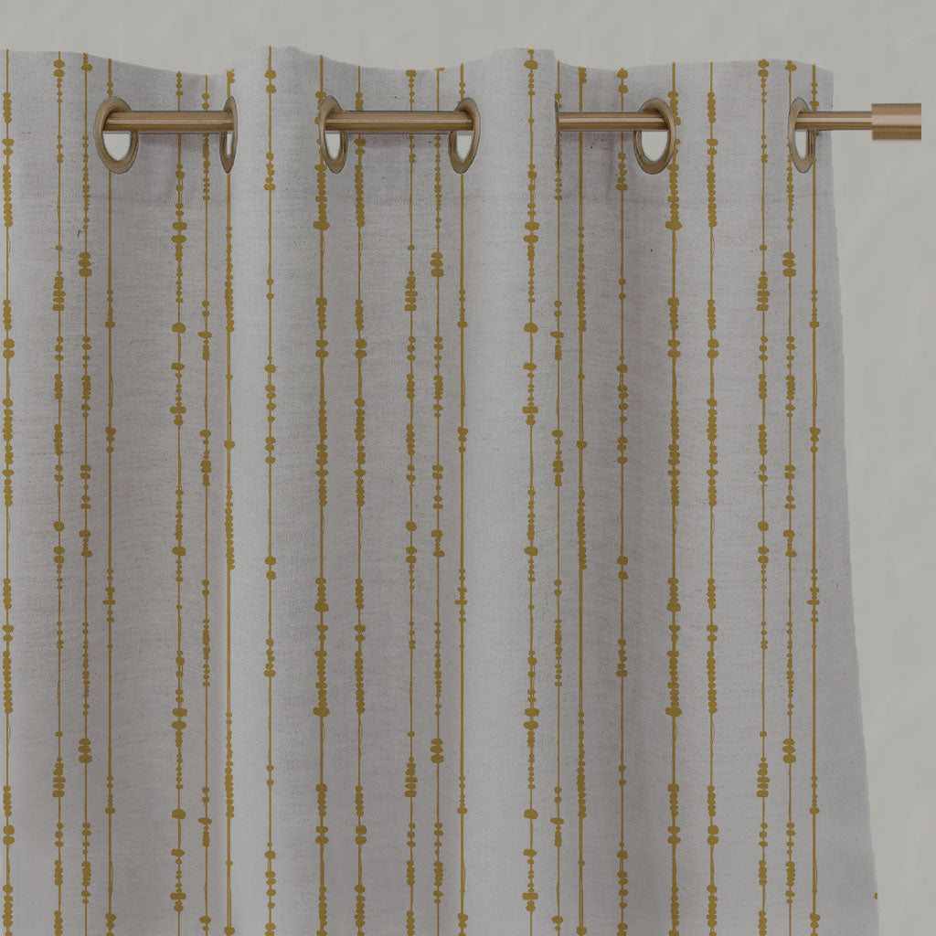 Yellow Patterned Linen Eyelet Curtains - Pearls Mustard - Natural base fabric.