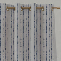 Blue Patterned Linen Eyelet Curtains - Pearls Night Blue - Natural base fabric.