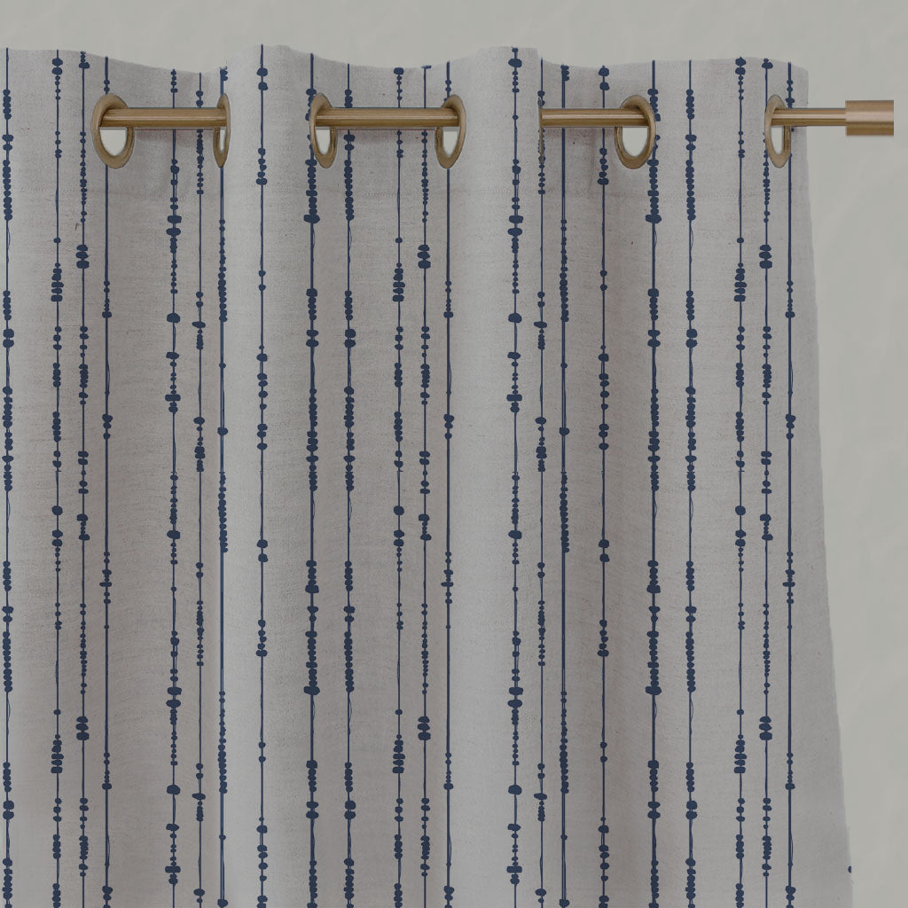 Blue Patterned Linen Eyelet Curtains - Pearls Night Blue - Natural base fabric.
