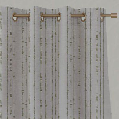 Green Patterned Linen Eyelet Curtains - Pearls Olive - Natural base fabric.