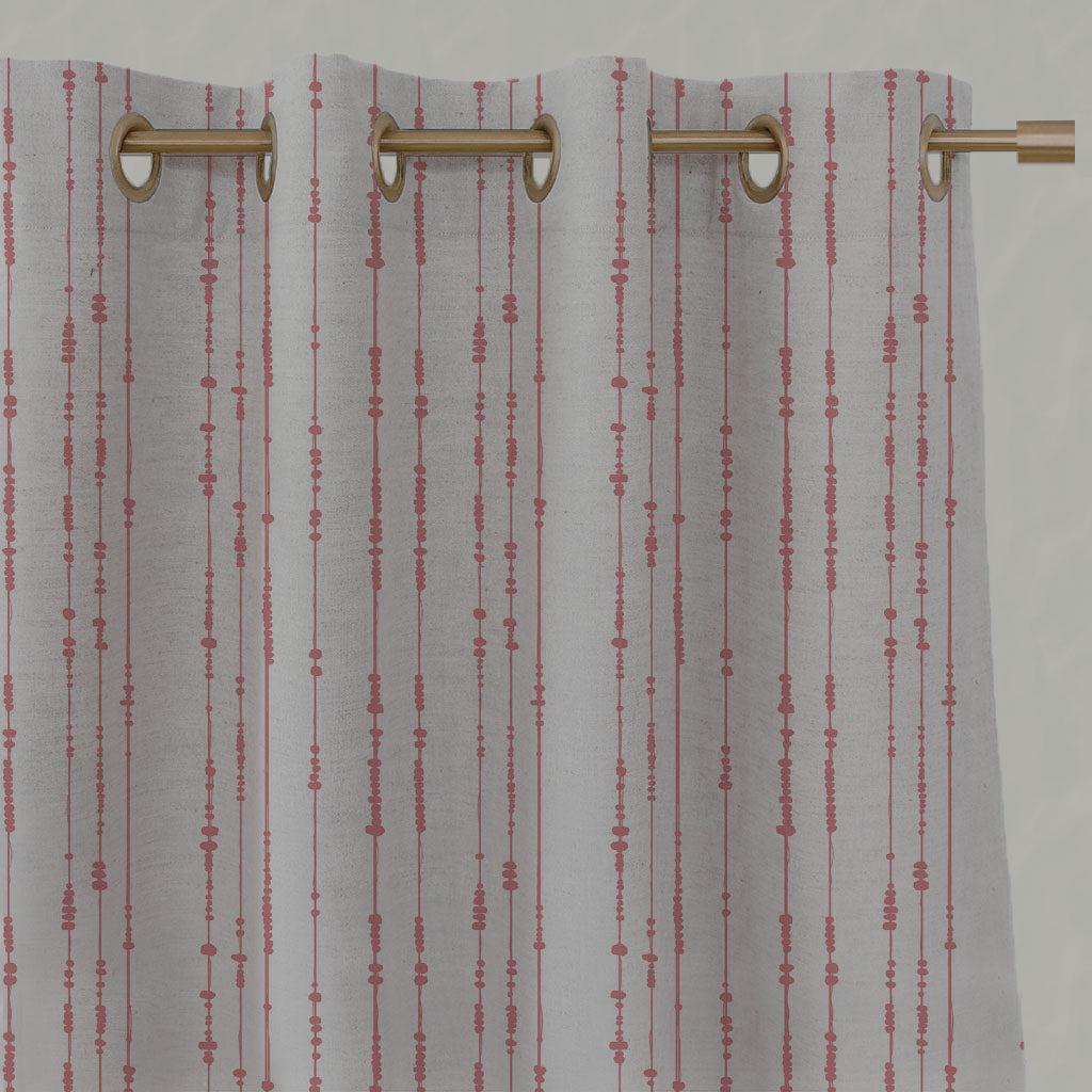 Pink Patterned Linen Eyelet Curtains - Pearls Sweetpea - Natural base fabric.