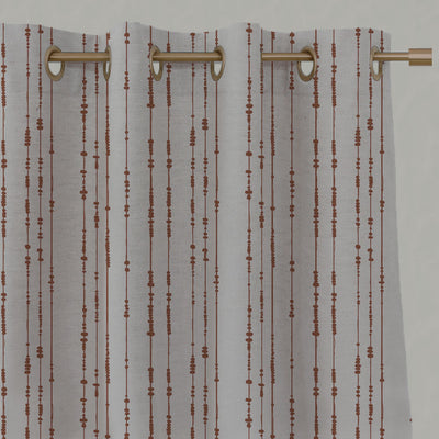 Orange Patterned Linen Eyelet Curtains - Pearls Terracotta - Natural base fabric.
