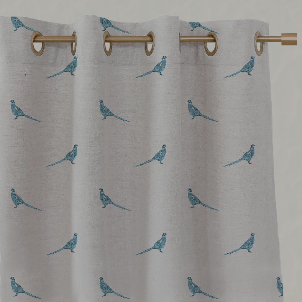 Blue Kids Linen Eyelet Curtains - Pheasant Blue Stone - Natural base fabric.